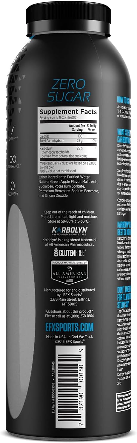 EFX Sports Karbolyn Fuel Drink | Pre, Intra, Post Workout Carbohydrate Drink | Carb Load, Sustained Energy | Stimulant & Sugar Free | 12 Pack (Green Apple)