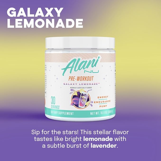 Alani Nu Pre Workout Powder Galatic Lemonade, Amino Energy Boost, Endurance Supplement, Sugar Free, 200mg Caffeine, L-Theanine, Beta-Alanine, Citrulline, 30 Servings