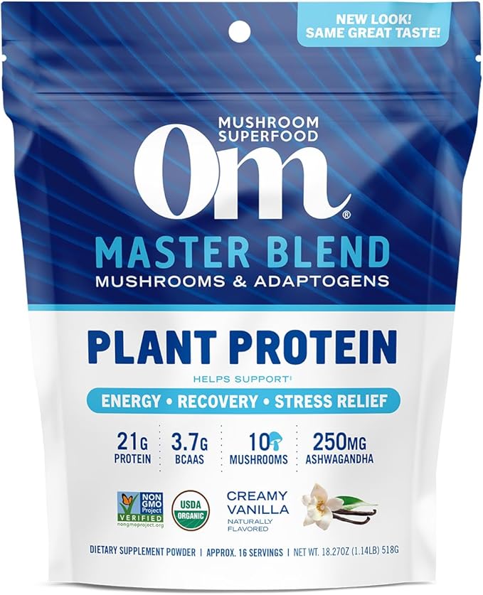OM MUSHROOM SUPERFOOD Master Blend Plant-Based Protein Powder, 16 Servings, Creamy Vanilla with 10 Mushroom Blend & Adaptogens for Recovery