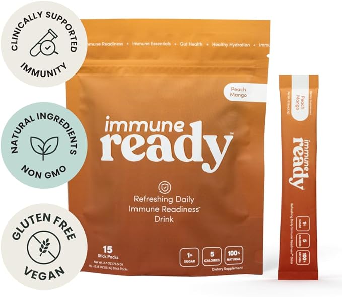Immune Ready™ Immune Boost Drink Mix - All-in-One Immune Support, Gut Health, and Electrolyte Powder Packets with Vitamin C, Beta Glucan, Zinc, Elderberry, D3, Pre & Probiotics - Peach-Mango - 15 Pack