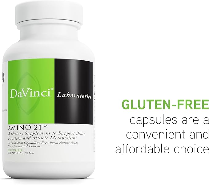 DAVINCI Labs Amino 21 - Supports Brain Function & Muscle Metabolism* - Amino Acid Dietary Supplement with L-Glutamine, L-Lysine HCl, Tyrosine, L-Arginine and More - Gluten-Free - 90 Capsules, 750 mg