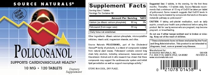 Source Naturals Policosanol Supports Cardiovascular Health*, 10 Mg -120 Tablets