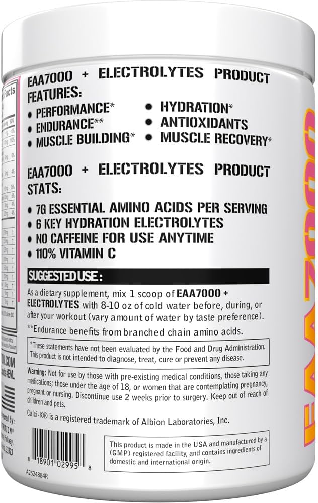 Evlution Nutrition EAA7000 + Electrolytes - Pre & Post Workout Powder - Muscle Building + Recovery Supplement - 7g EAAs + 5g BCAAs + 6 Key Electrolytes - Rapid Hydration - 30 Servings - Pink Lemonade