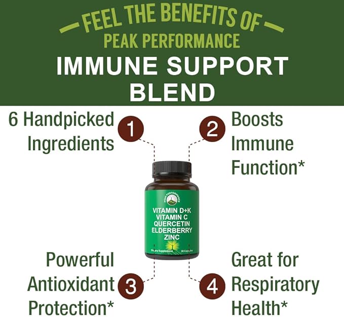 Immune Support Supplement with 6 Top Ingredients. Vitamin D3 K2 + Vitamin C + Elderberry + Zinc + Quercetin. Includes 5000 IU Vitamin D. Zinc 15mg. Immunity Capsules. Supplements for Women and Men