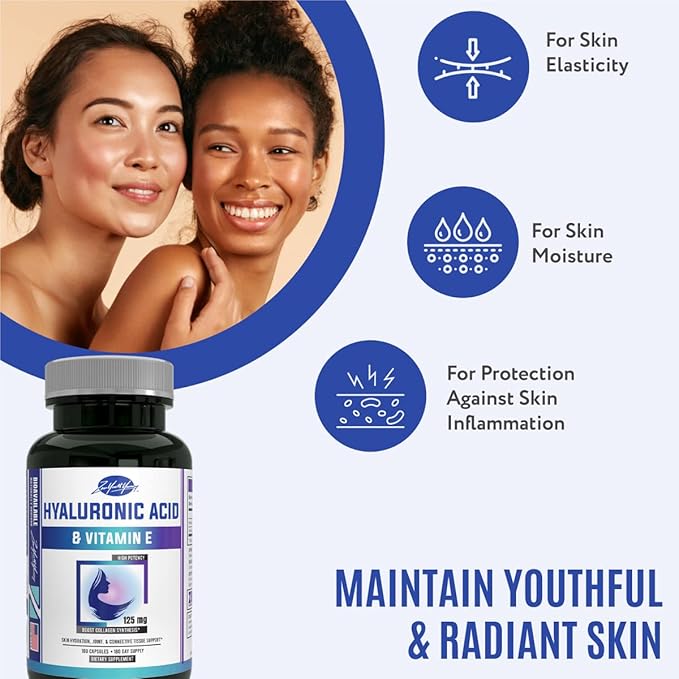 zyy Hyaluronic Acid Supplements with Vitamin E - Daily Anti Aging Beauty Supplement for Healthy Skin, Hair and Eyes, Supports Joint Lubrication & Immune System - No-GMO & Gluten-Free - 180 Capsules