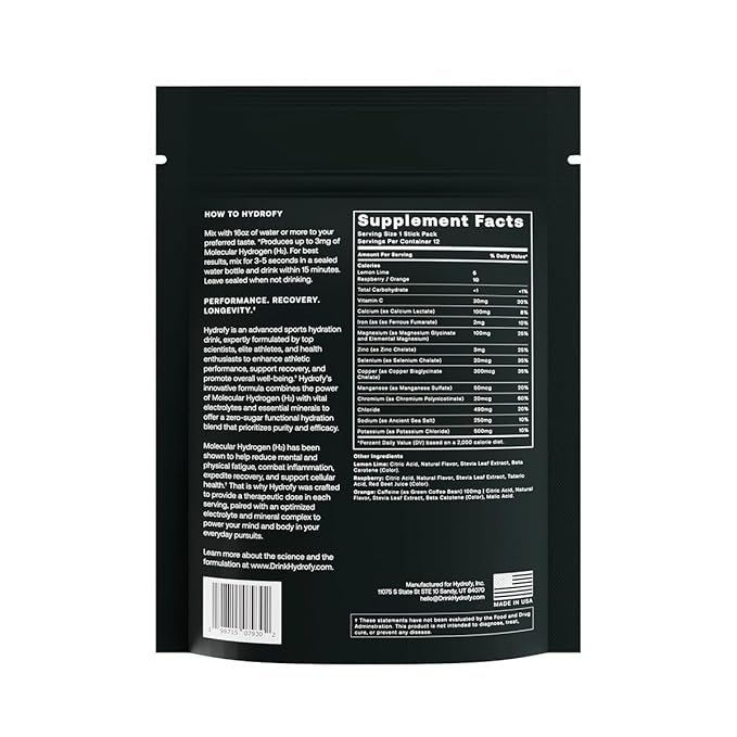Hydrofy Hydrogen Water + Electrolytes Drink Mix - Variety Pack | Hydration Packets with Molecular Hydrogen (H2), Sodium, Potassium, Magnesium | Lemon Lime, Raspberry, Orange + Caffeine | 12 Count