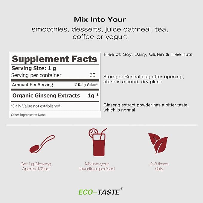 ECO-TASTE Ginseng Root Extract Powder-Korean Panax for Smoothies, Coffee or Drinks, 10% Ginsenosides, 60g (60 Servings)
