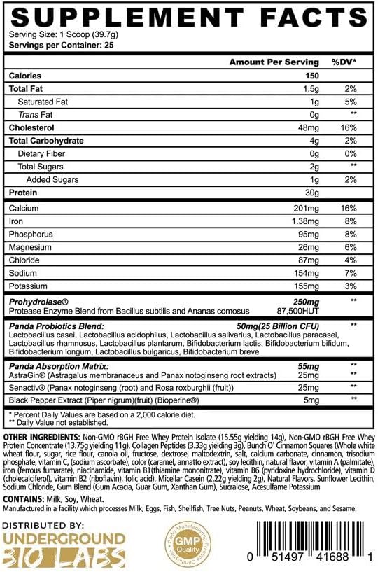 Panda Fuel Premium Protein Non-GMO Whey,Hydrolyzed Collagen,Casein,Probiotics,Digestive Enzymes, Keto Friendly,Time Release, 25 Servings (Cinnamon Toast) (with inclusions)