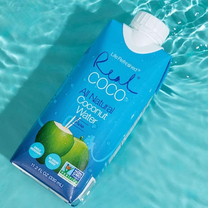 Real Coco All Natural Pure Coconut Water (12-Pack 330mL), Single Ingredient, No Added Sugar, Plant Based, Packed with Electrolytes, Vegan