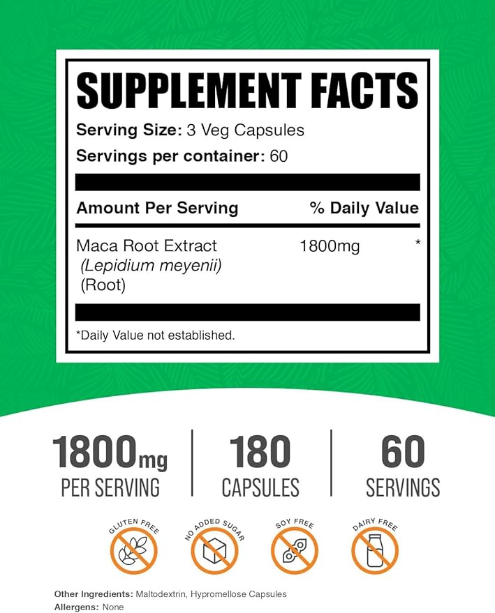 BulkSupplements.com Maca Root Capsules - Maca Supplement, Herbal Supplement, Superfood Supplement - Vegan & Gluten Free, 3 Veg Capsules per Serving, 180 Count (Pack of 1)