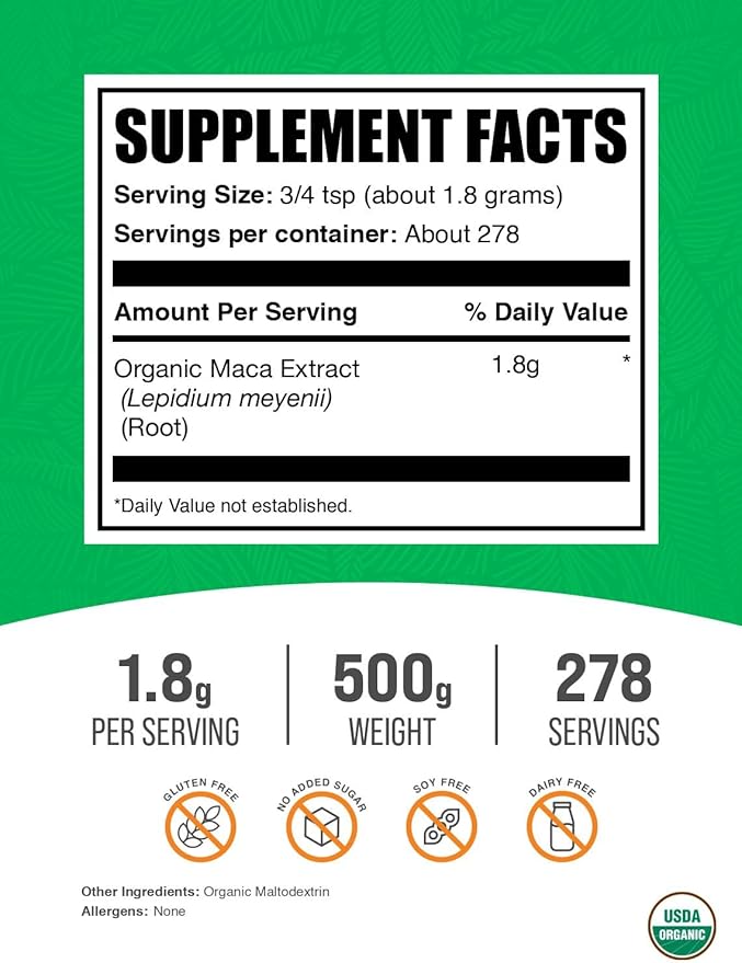 BulkSupplements.com Organic Maca Root Extract Powder - Maca Supplement, Maca Powder Organic, Maca Extract - Vegan & Gluten Free, 1.8g of per Serving, 500g (1.1 lbs) (Pack of 1)