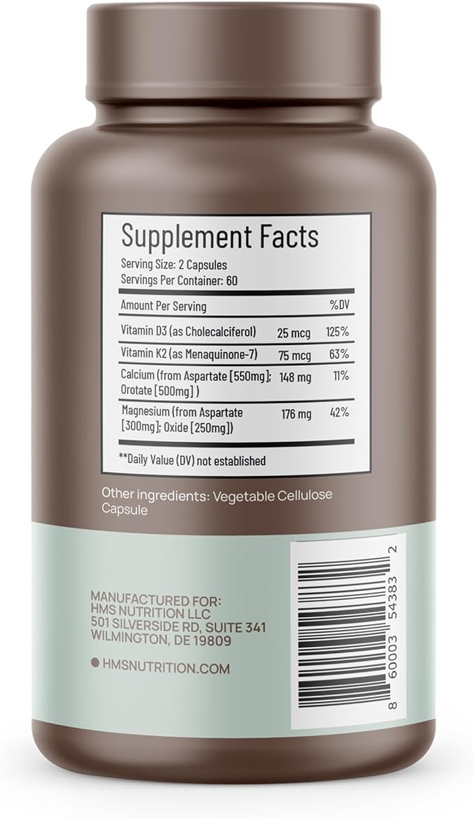 Calcium, Magnesium, Vitamins D3 and K2-120 Vegan Capsules, 60 Day Supply - Immune System Health, Strong Bones & Teeth - Non-GMO, Soy Free, & Dairy Free