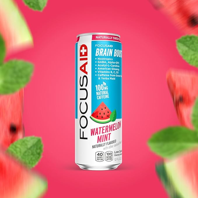 FOCUSAID Energy, Brain Boost Drink, Watermelon Mint, Nootropics, Alpha-GPC, GABA, B-Complex, 100mg Caffeine, Yerba Mate, Green Tea, 100% Clean, No Artificial Sweeteners, 12-oz. cans (Pack of 24)