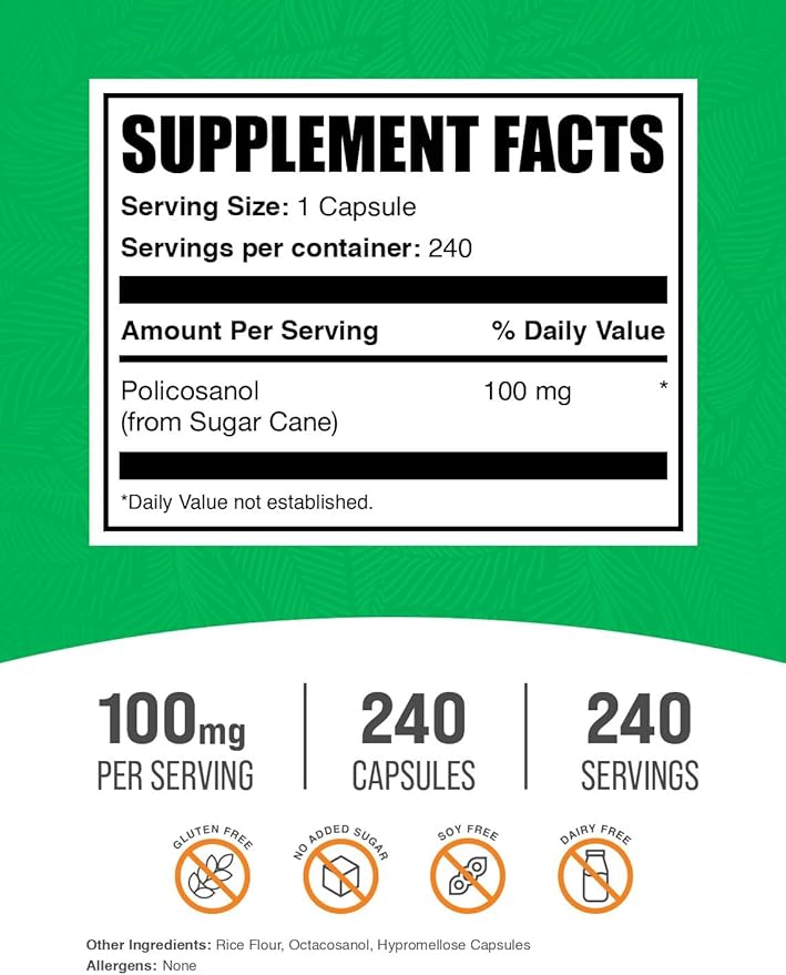 BulkSupplements.com Policosanol Capsules - from Sugar Cane, Policosanol 100mg - Gluten Free, 1 Capsule per Serving, 240 Capsules (Pack of 1)