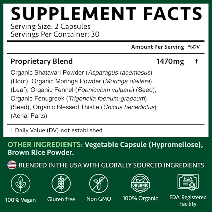 Ayurvedic Lactation Supplement with Moringa, Fenugreek, Fennel Seeds & More | Made in USA | 100% Organic | Lactation Support | Breastfeeding Supplements | 60 Capsules - OSH Wellness