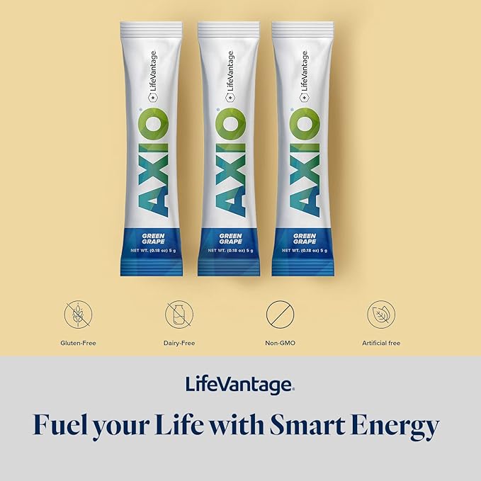 LifeVantage - AXIO - Regular Energy Drink Powder, Green Grape with B Vitamins, DMAE, L-Theanine, Quercetin, Green Tea and Pine Bark - 30 Packets