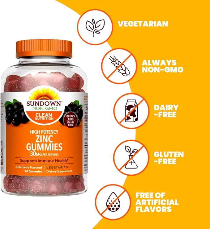 Sundown High Potency Zinc Gummies, 30mg, Supports Immune System Health, Elderberry Flavor, 90 Gummies