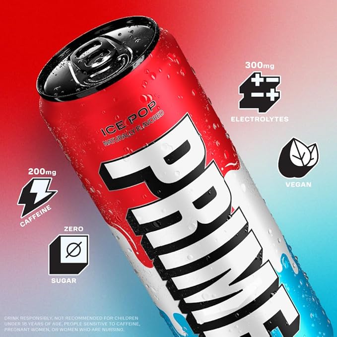 PRIME Energy ICE POP | Zero Sugar Energy Drink | Preworkout Energy | 200mg Caffeine with 355mg of Electrolytes and Coconut Water for Hydration| Vegan | Gluten Free |12 Fluid Ounce | 12 Pack