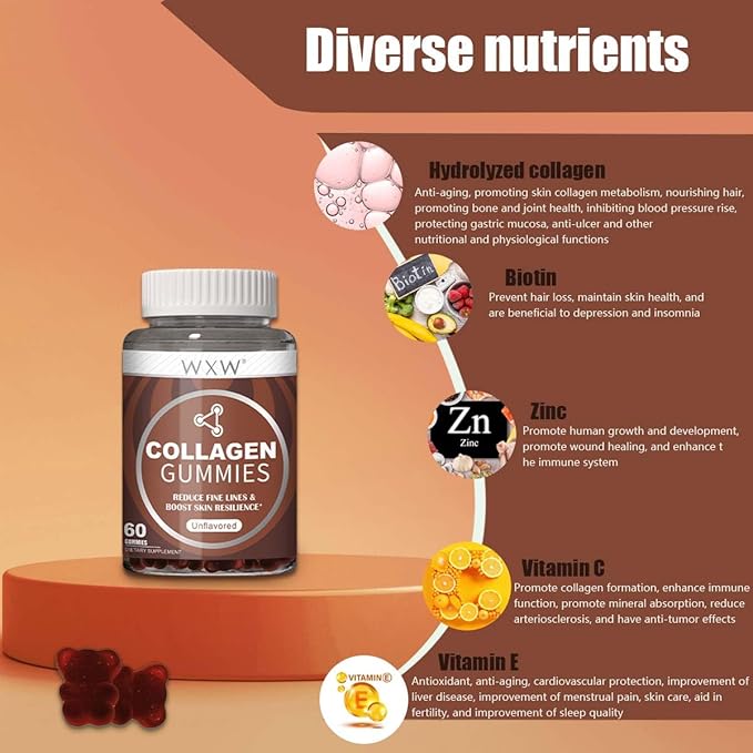 WXW Hydrolyzed Collagen Peptides Gummies for Women, Non-GMO Anti-Aging Formula with Biotin, Zinc, Vitamins C & E for Hair, Skin and Nails | 60ct,Vanilla Unflavored