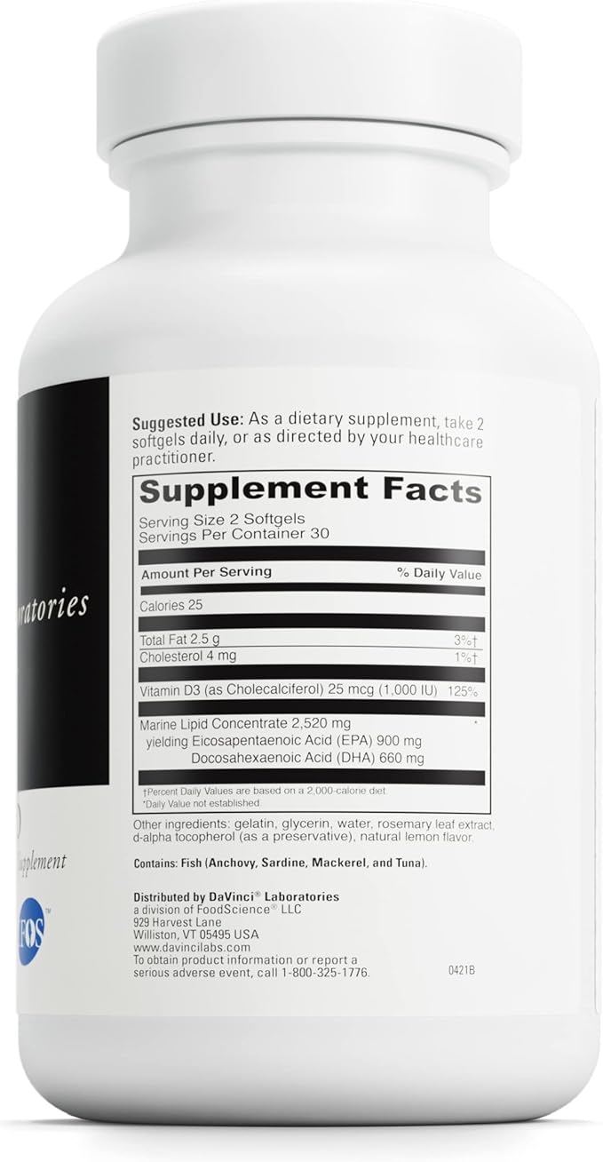 DAVINCI Labs Omega 3 HP-D - Dietary Supplement to Support Immune System, Healthy Joints and Cardiovascular and Skin Health* - with Vitamin D3 and More - Gluten-Free - 60 Softgels