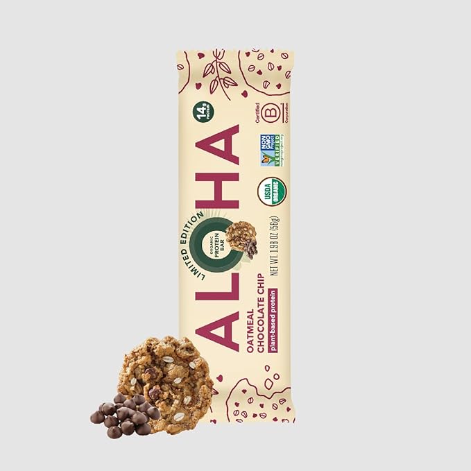 ALOHA Organic Plant Based Protein Bars - Oatmeal Chocolate Chip - 12 Count, 1.9oz Bars - Vegan Snacks, Low Sugar, Gluten-Free, Low Carb, Paleo, Non-GMO, Stevia-Free, No Sugar Alcohols