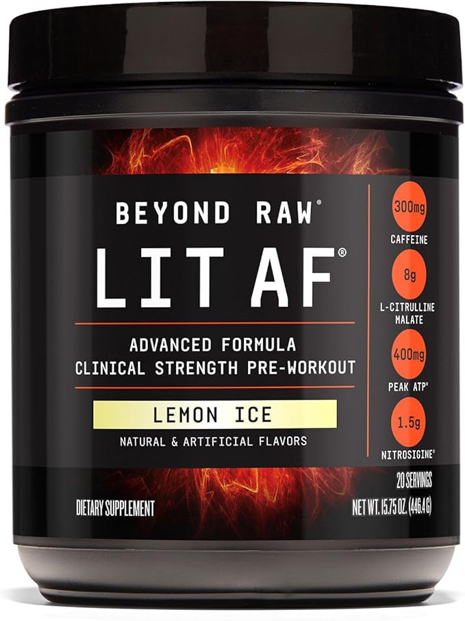 BEYOND RAW LIT Advanced Pre-Workout Formula, Lemon Ice, for Energy, Focus, Endurance, Pumps, with 300mg Rapid and Targeted Release Caffeine, Creatine, Betaine, Beta Alanine, Taurine, 20 Servings