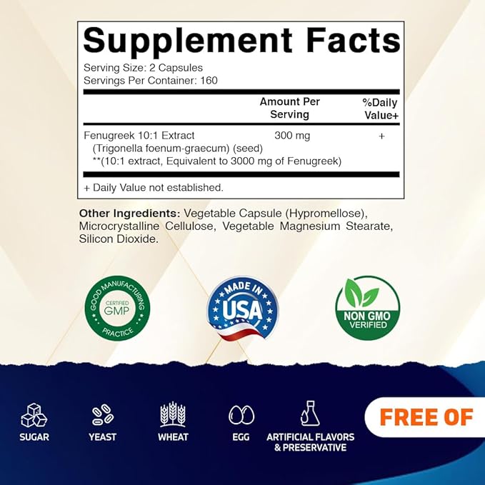 Vitamatic Fenugreek Capsules Extra Strength 3000 mg Equivalent Per Serving (from 10:1 Extract 300 mg) - Trigonella Foenum-Graecum - Methi Seeds Powder Pills - 320 Vegetarian Capsules