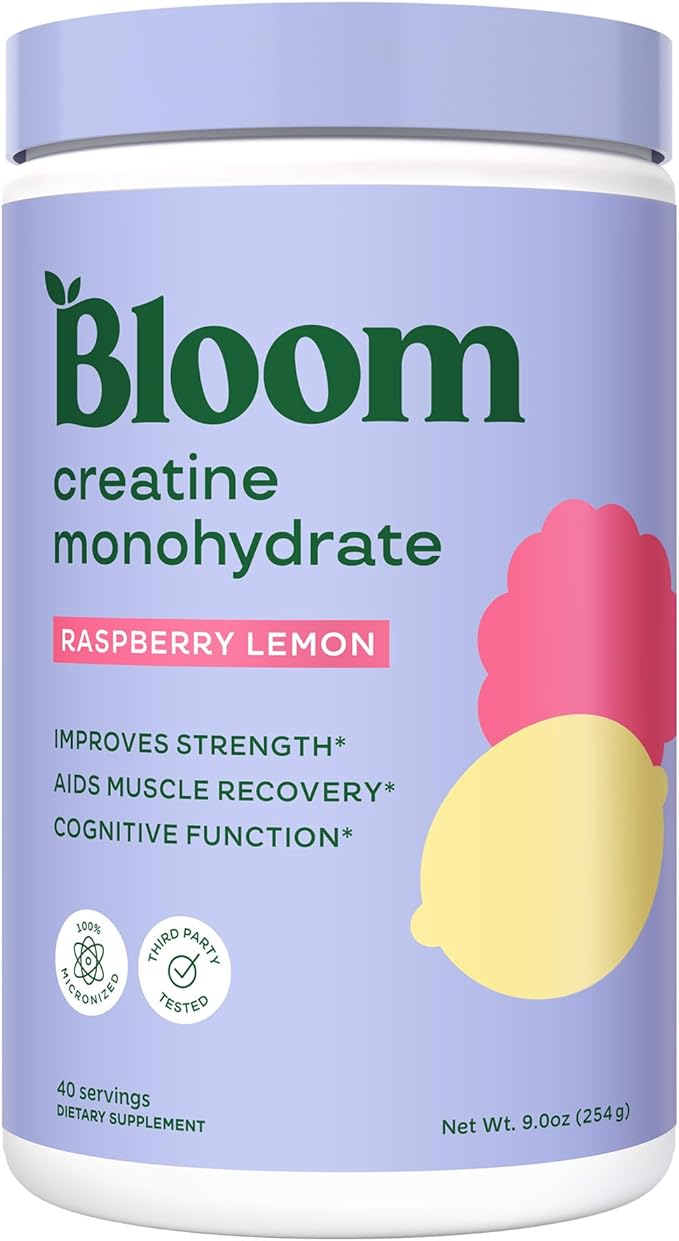 Bloom Nutrition Creatine Monohydrate Powder, 5g Micronized Creatine per Serving, Supports Muscle Recovery, Strength, Endurance, Pre or Post Workout, Gluten Free, Non GMO, Raspberry Lemon, 40 SVG, 9 oz