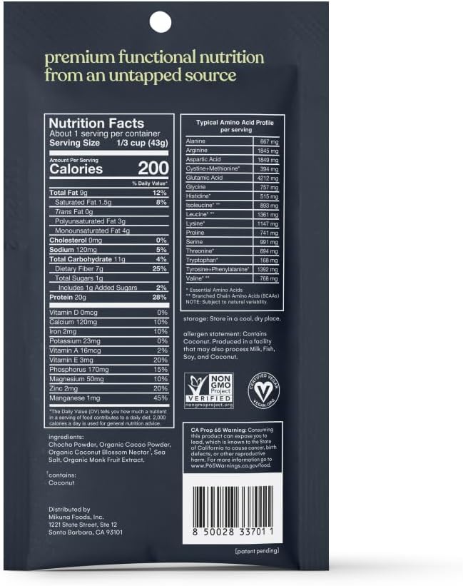 Mikuna Chocho Superfood Protein, Plant-Based Protein Powder - Vegan, Gluten Free, 3g Net Carbs or Less, and Bioavailable, Non-Isolate (8 Servings, Cacao)