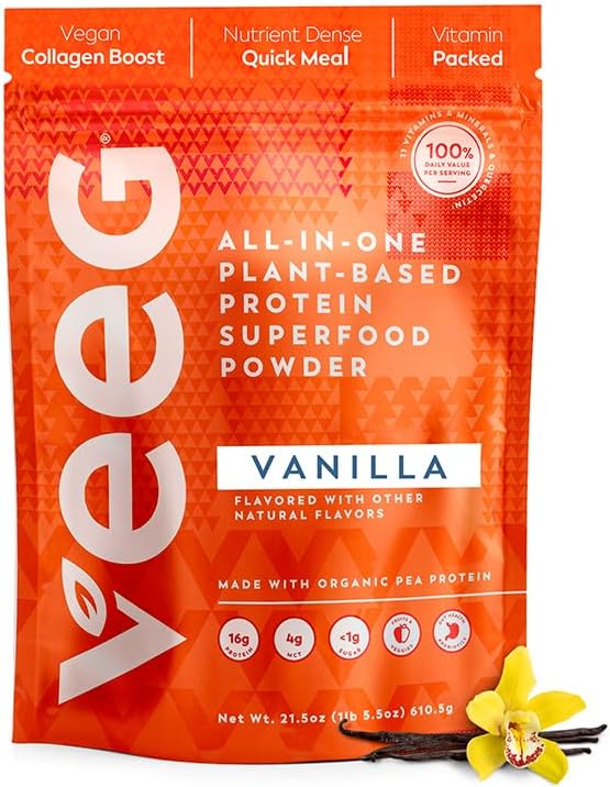 Veeg All in One Protein Smoothie Powder – Vanilla Protein Powder, Vegan Collagen, Greens Superfood Powder, MCT Oil Organic, Multivitamin, Sugar Free, Meal Replacement, Digestive Enzymes,15 Servings