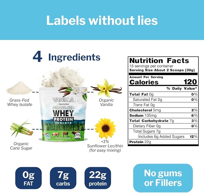 Opportuniteas Grass Fed Vanilla Whey Protein Isolate Powder - 22g Protein Powder Without Artificial Sweeteners, Hormone-Free Cows, Non GMO - 2.5lb