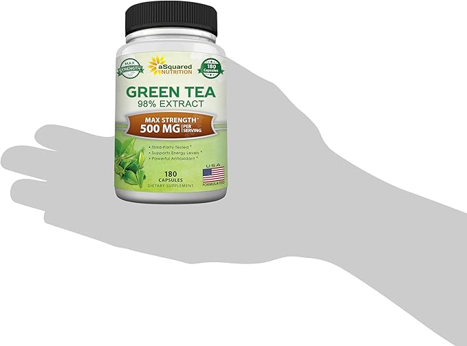 aSquared Nutrition Green Tea Extract with EGCG – 180 Capsules – 500mg per Capsule – 75% Polyphenols, 45% EGCG – Antioxidant Support, Heart Health, Natural Detox – Low Caffeine Supplement