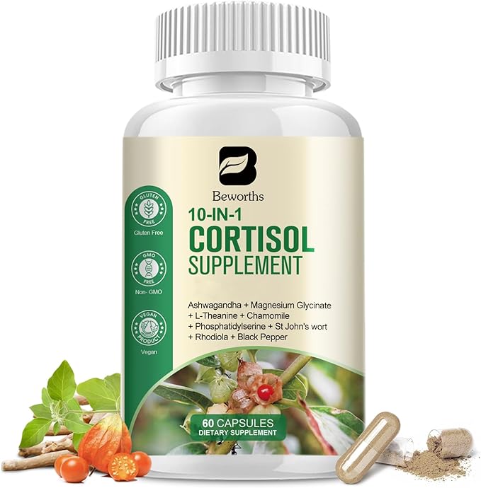 Cortisol Supplements for Women, 10-in-1 Cortisol Reducer Manager Supplements with Ashwagandha, Magnesium Glycinate, L-Theanine, Rhodiola, Non-GMO, 60 Vegan Capsules