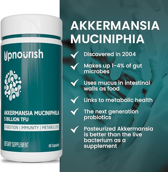 UpNourish Probiotics for GLP-1 Support, 5 Billion TFU Akkermansia Muciniphila for Digestive Health, Leaky Gut, Immunity and Metabolic Health, Prebiotics and Probiotics for Women and Men, 60 Capsules