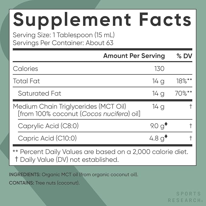 Sports Research Organic MCT Oil - Keto & Vegan MCTs C8, C10 from Coconuts - Fatty Acid Brain & Body Fuel, Non-GMO & Gluten Free - Flavorless Oil, Perfect in Coffee, Tea & Protein Shakes - 40 oz