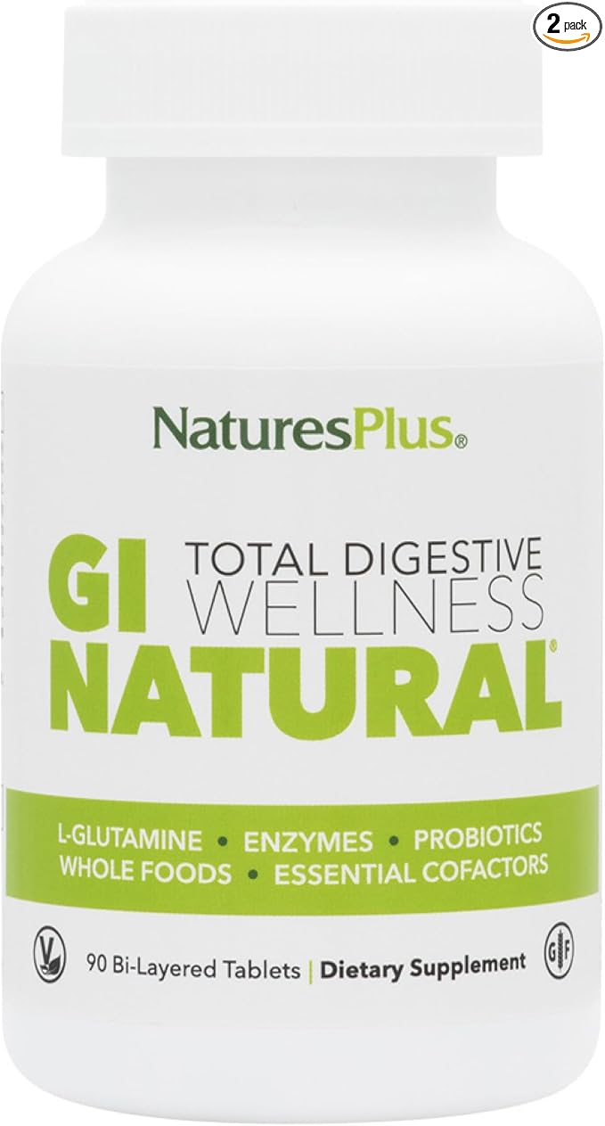 Natures Plus GI Natural Total Digestive Wellness - 90 Bi-Layered Tablets, Pack of 2 - with L-Glutamine, Probiotics, Prebiotics & Enzymes - Gluten Free - 60 Total Servings