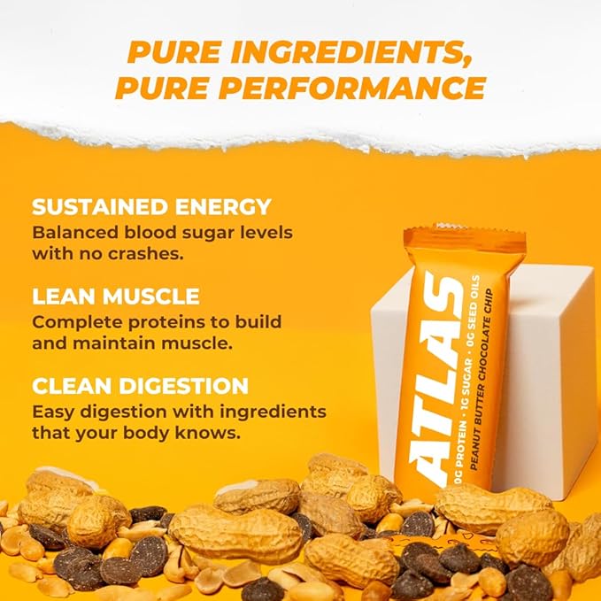 Atlas Protein Bar, 20g Protein, 1g Sugar, Clean Ingredients, Gluten Free (Peanut Butter Chocolate Chip, 12 Count (Pack of 2))