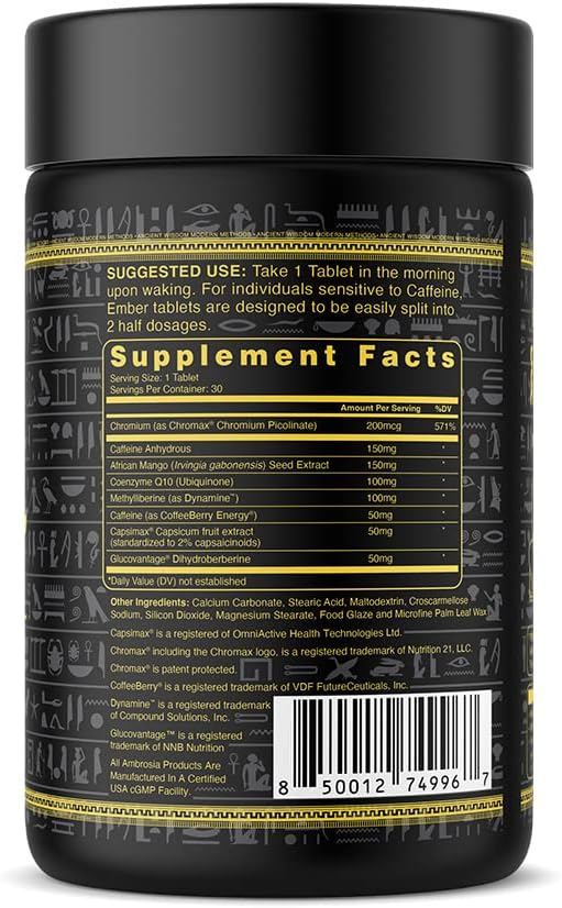 Ambrosia Ember™ Thermogenic Fat Burner & Appetite Support Supplement Pills for Healthy Weight Management, Appetite Support for Men and Women with CapsiMax™, African Mango, and CoQ10