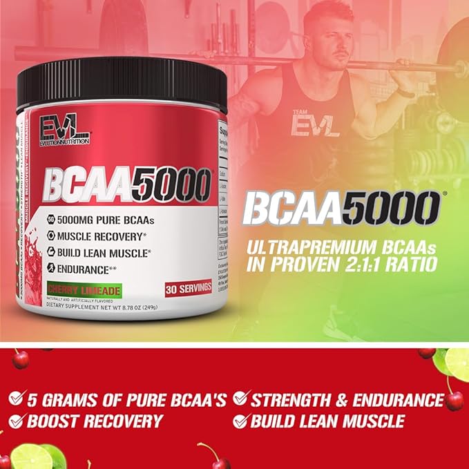 Evlution EVL BCAAs Amino Acids Powder - BCAA Powder Post Workout Recovery Drink and Stim Free Pre Workout Energy - 5g Branched Chain Amino Acids Supplement for Men - Cherry Limeade