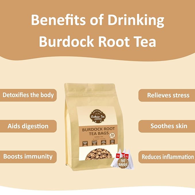 Ovikaso Tea, Burdock Root Tea Bags, 50 Pyramid Tea Bags, 2.5g/bag, Direct from Source, Aid in Digestion & Improving Liver Health, Herbal Tea