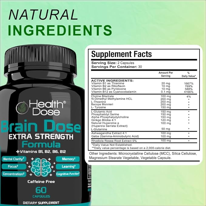 Brain Dose Premium Nootropics - Caffeine-Free Extra Strength Formula for Men & Women - Supports Brain Health, Cognitive Focus & Memory Retention, Pack of 5.