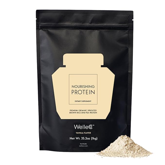 WelleCo Vegan Protein Powder, Gluten Free Premium Organic Sprouted Brown Rice & Pea Protein Blend, Low Carb & Dairy Free, for Energy, Muscle Recovery, 16g Protein Per Serving, Vanilla, 35.2oz Pouch