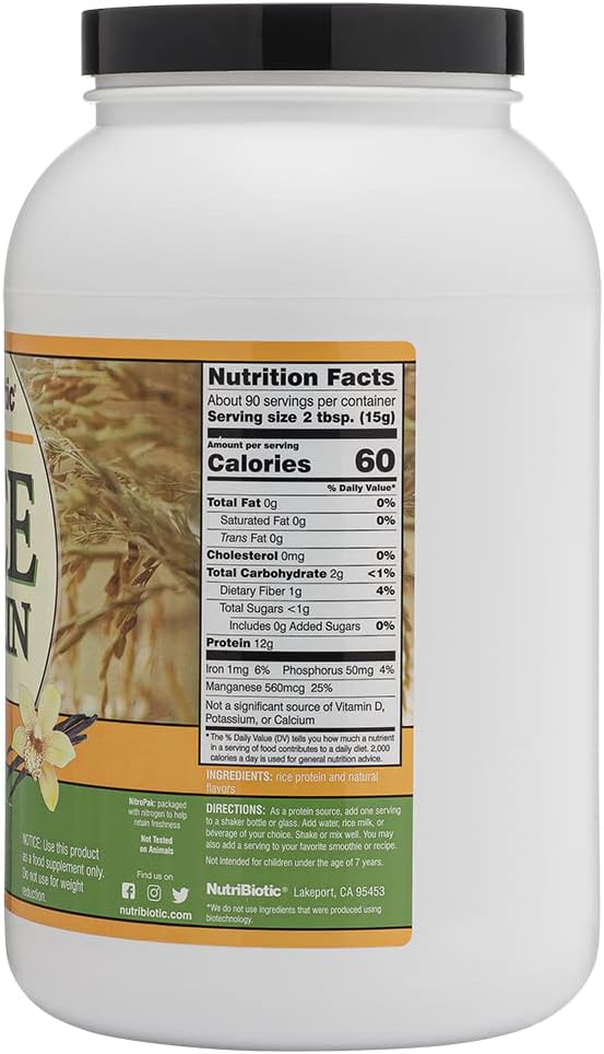 NutriBiotic – Vanilla Rice Protein, 3 Lb (1.36kg) | Low Carb, Keto-Friendly, Vegan, Raw Protein Powder | Grown & Processed Without Chemicals, GMOs or Gluten | Easy to Digest & Nutrient Rich