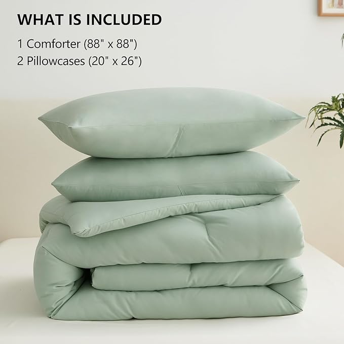 CozyLux Sage Green Comforter Set Queen Size, 3 Pieces Solid Breathable Quilted Style Bedding Sets, Luxury Fluffy Soft Microfiber Comforter for All Season(1 Comforter & 2 Pillowcases)