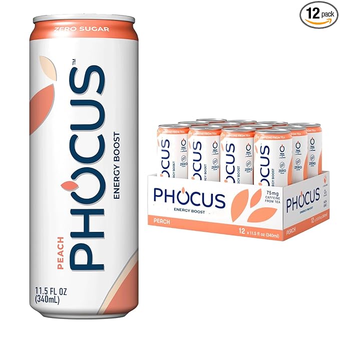 PHOCUS Energy Drink, Peach Sparkling Water, 75mg Natural Caffeine Plus L-Theanine, Zero Sugar, Zero Calories, No Artificial Sweeteners, 11.5 fl oz Cans (Pack of 12)