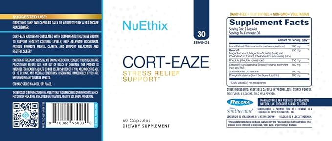 NuEthix Formulations Cort-Eaze - Cortisol Supplement - Health Support Supplement with Ashwagandha, L-Theanine & Rhodiola Rosea - Relaxation and Deep Sleep, 60 Capsules, 30 Servings