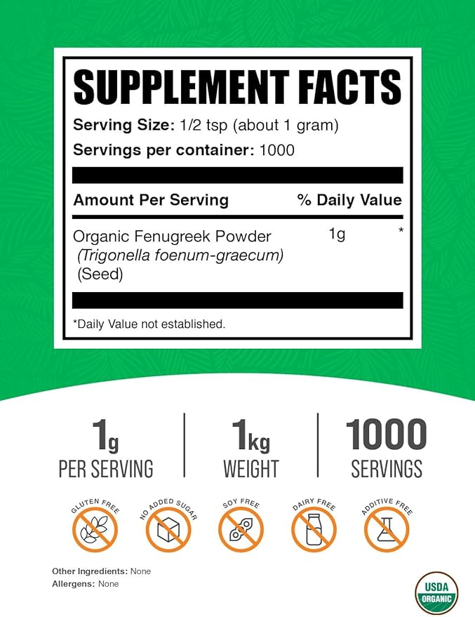 BulkSupplements.com Organic Fenugreek Powder - from Organic Fenugreek Seeds, Trigonella foenum-graecum - Gluten Free, 1g per Serving, 1kg (2.2 lbs) (Pack of 1)