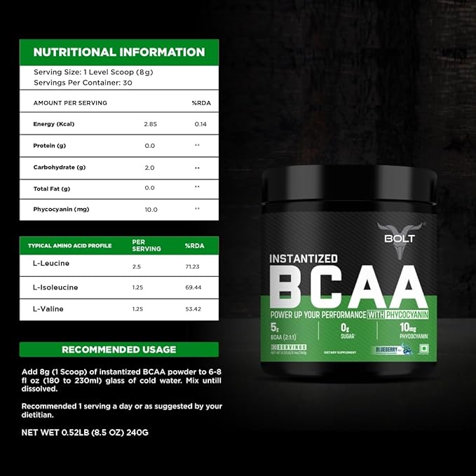Bolt BCAA Powder, 2:1:1 Potent Formula-Leucine, Isoleucine, Valline, Suppots Muscle Recovery, Growth & Endurance,Blueberry Blast, 30 Servings