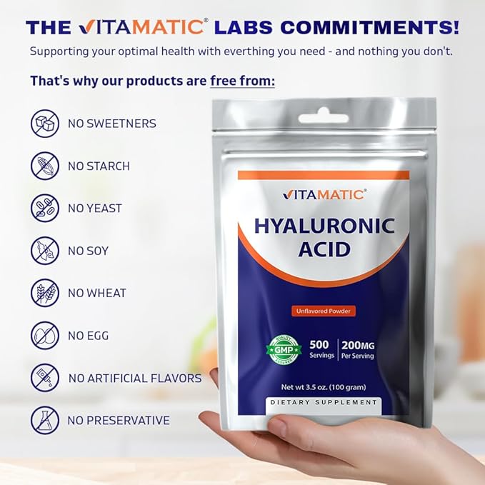 Vitamatic Hyaluronic Acid Powder 200mg - Supports Healthy Connective Tissue and Joints - Promote Youthful Healthy Skin - 100 Gram