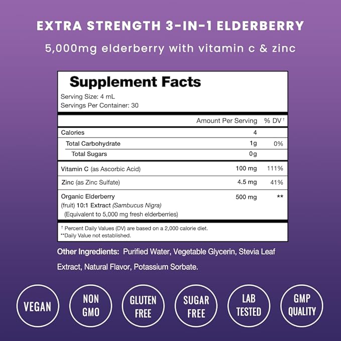 NutraChamps Organic Elderberry Syrup - 5000mg Elderberry Extract with Vitamin C & Zinc - Black Elderberry Liquid Drops - Sugar-Free Immunity Booster, Vegan, Gluten-Free Elderberry Supplement